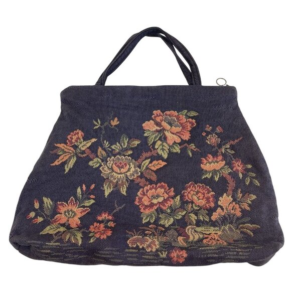 Unbranded Handbags - Vintage 50s Tapestry Handbag Floral Design Blue Pink Grannycore Style
